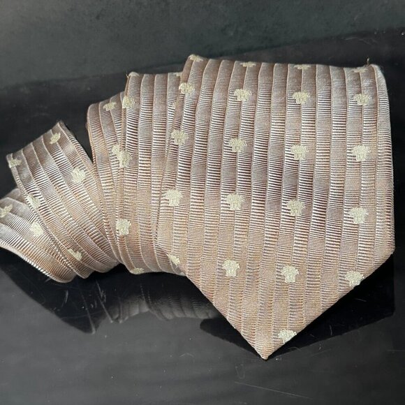 Versace Silk Tie EUC Mint Vintage Gianni Silver Bronze Copper Metallic Striped - Picture 1 of 5